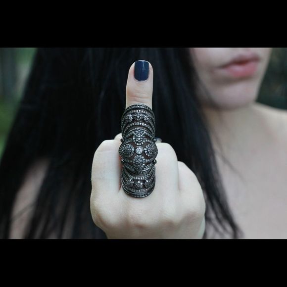 GORGEOUS SILVER GUNMETAL CZ COVERED JOINTED FULL FINGER SHIELD KNUCKLE RING NWT - Picture 1 of 11